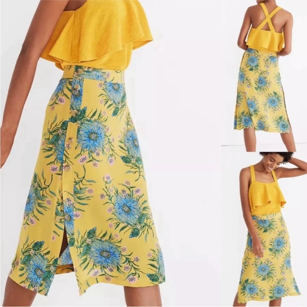 Madewell Yellow Bloom Floral Silk Midi Skirt W/Side Buttons, Size 2
